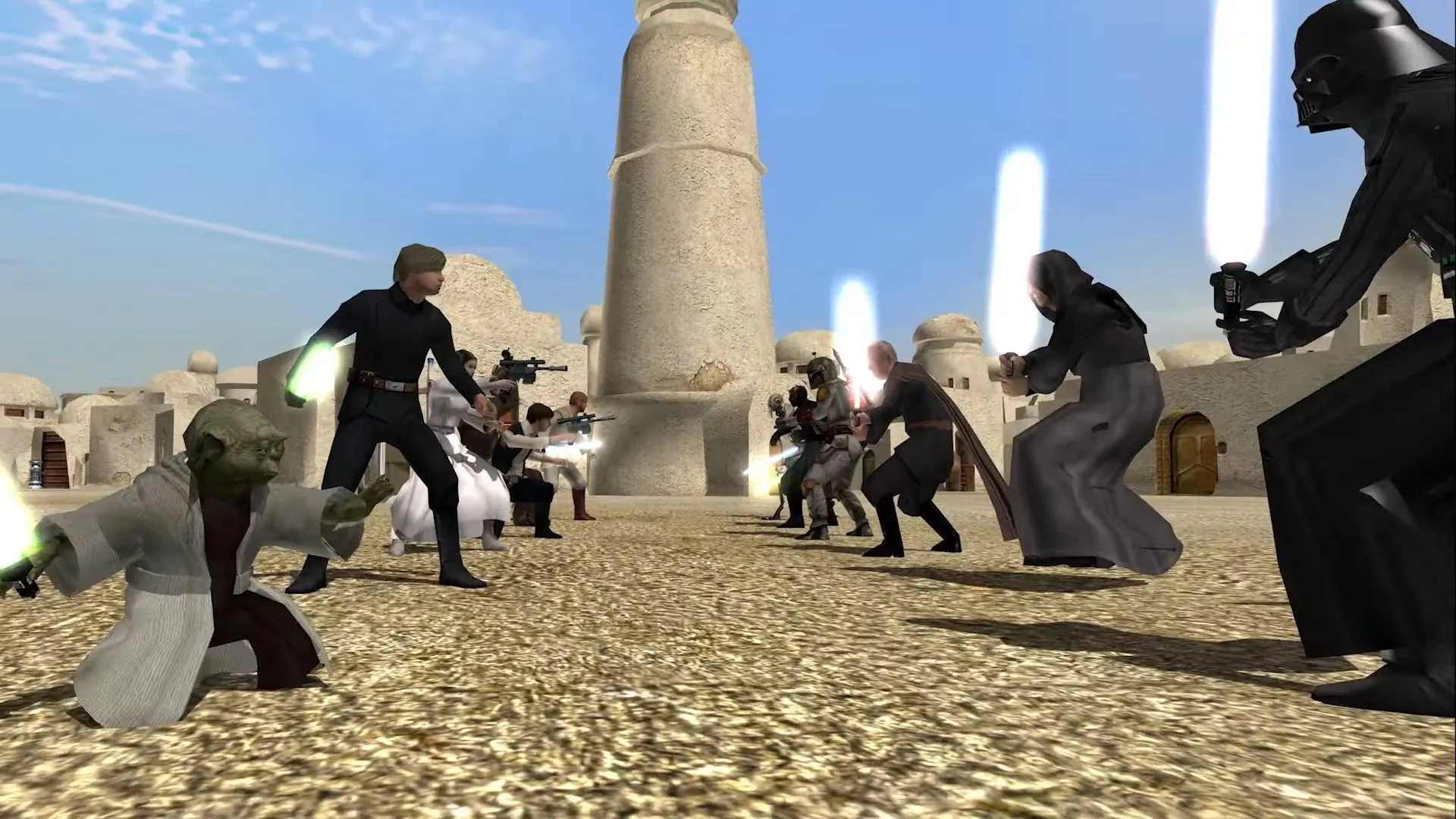 Cảnh chiến đấu trong game Star Wars Battlefront II (2005) với các anh hùng và nhân vật phản diện.