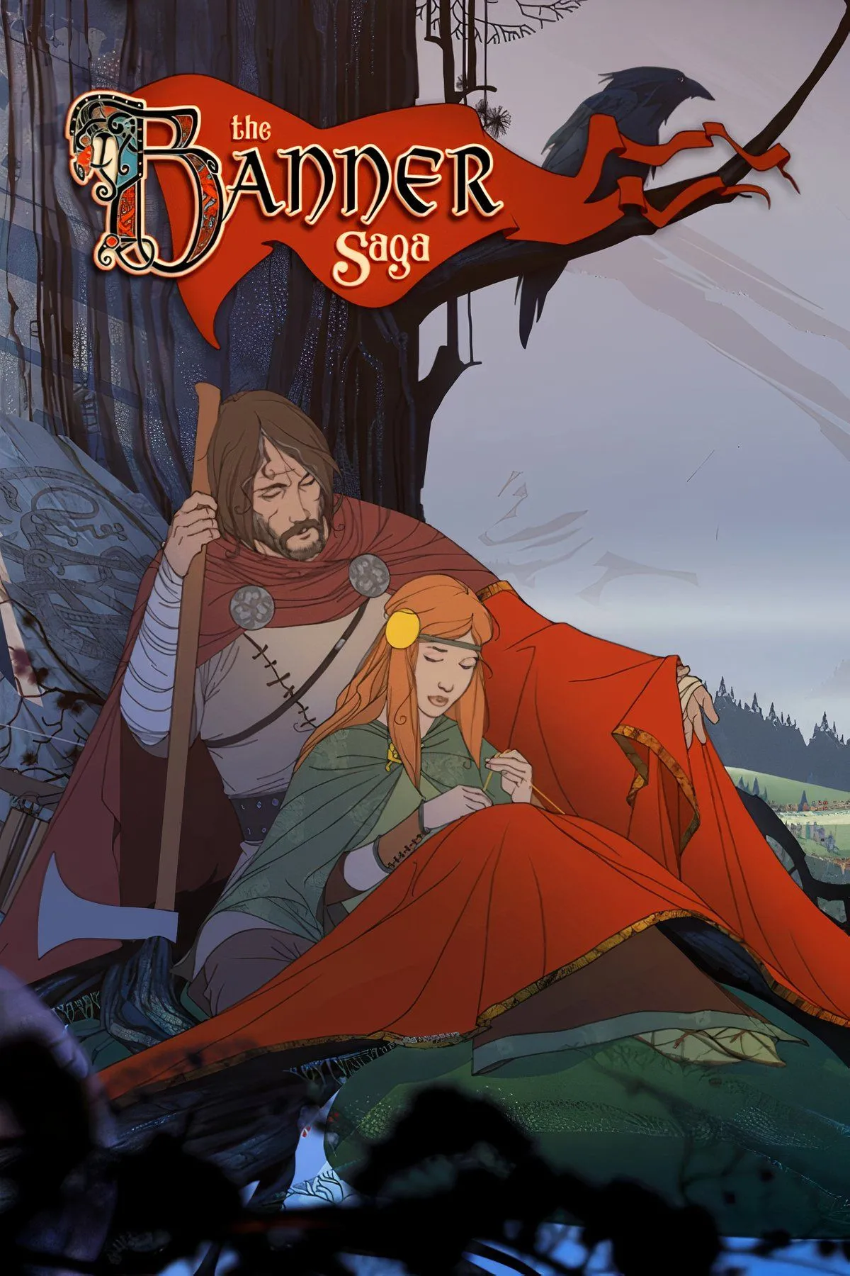 Cảnh chiến đấu trong The Banner Saga, thể hiện các chiến binh Viking và kẻ thù trên bản đồ lưới, với phong cách nghệ thuật độc đáo lấy cảm hứng từ thần thoại Bắc Âu.