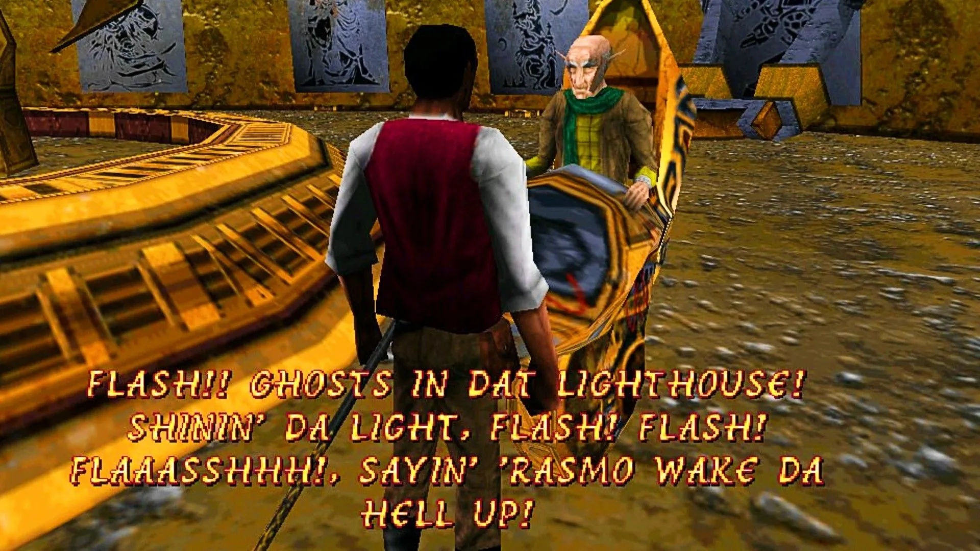 Cảnh Cyrus trò chuyện với một người đàn ông bí ẩn ngồi xe lăn trong The Elder Scrolls Adventures Redguard.