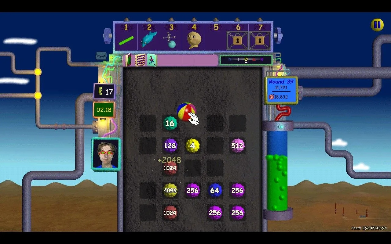Cảnh gameplay của Nubby's Number Factory ở vòng 39, thể hiện điểm số và hiệu ứng vật lý.