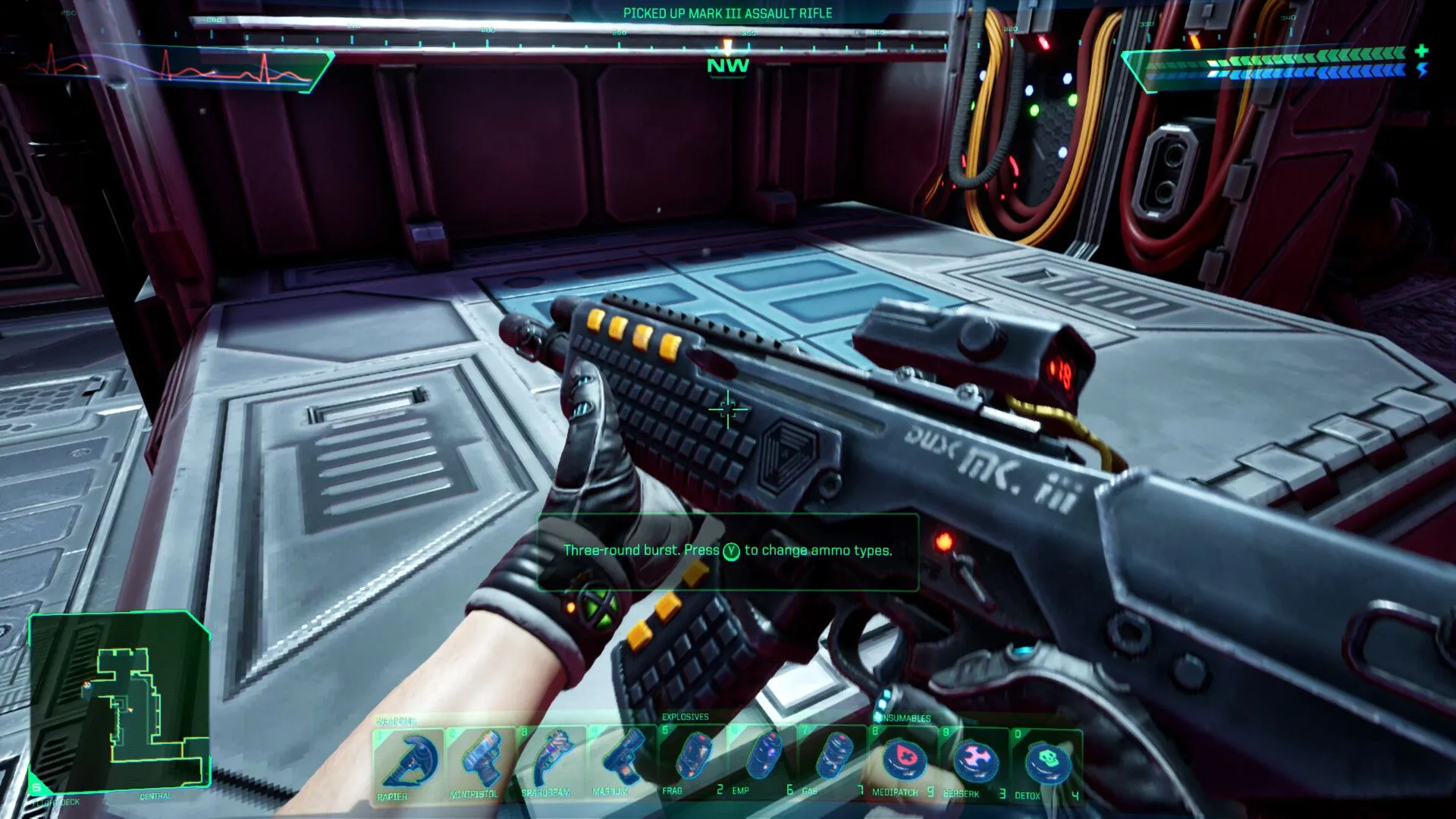 Cảnh gameplay đầy kịch tính trong phiên bản làm lại 2023 của System Shock, thể hiện góc nhìn thứ nhất và giao diện HUD