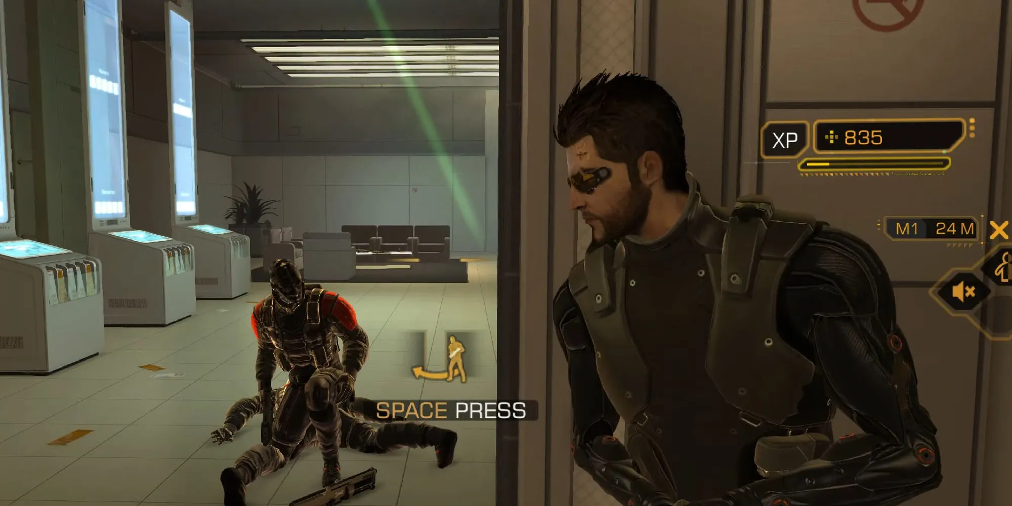 Cảnh gameplay trong Deus Ex: Human Revolution với nhân vật chính đang sử dụng kỹ năng đặc biệt trong môi trường đô thị tương lai