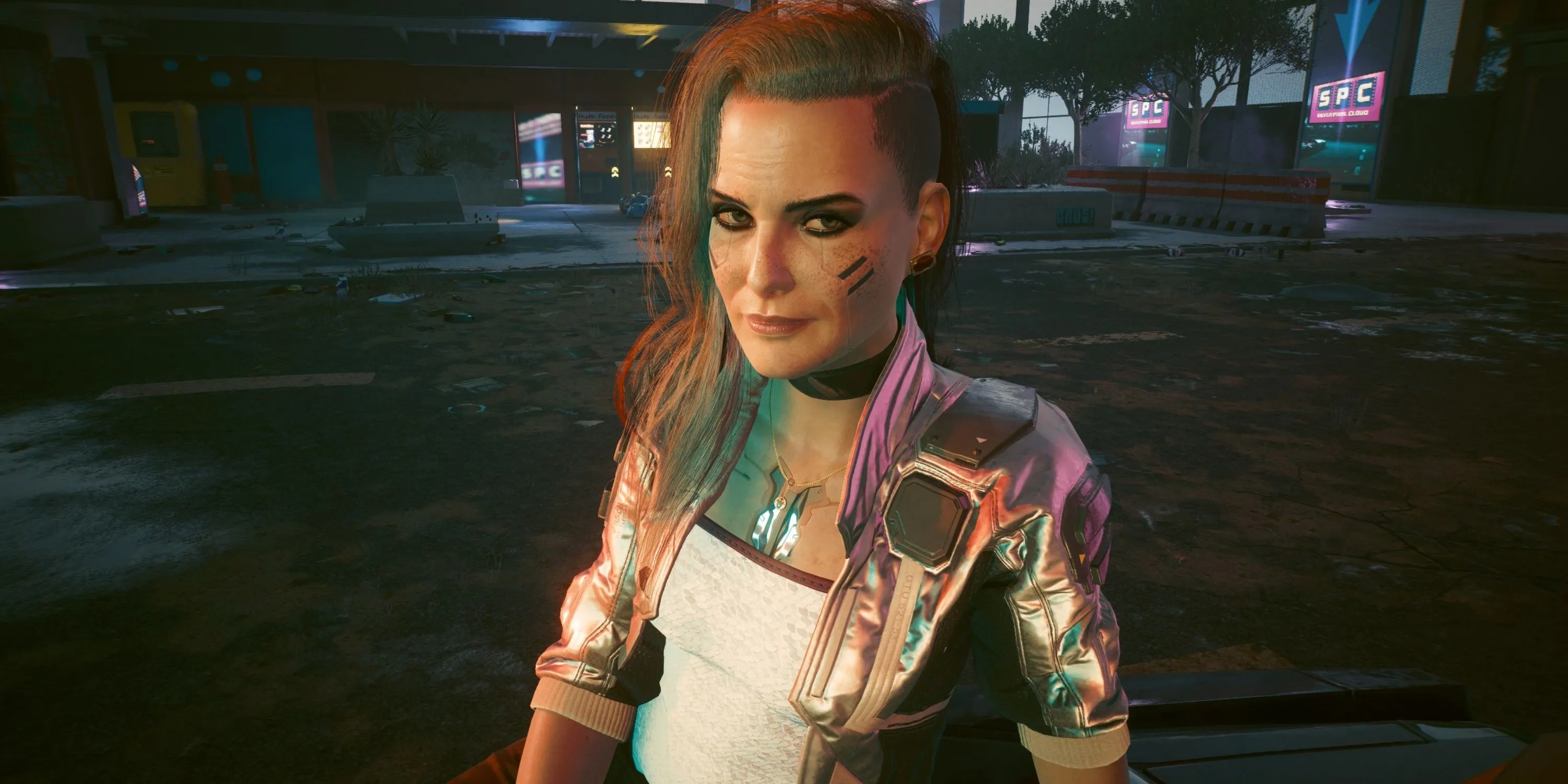 Cảnh lãng mạn với nhân vật Rogue Amendiares trong game Cyberpunk 2077