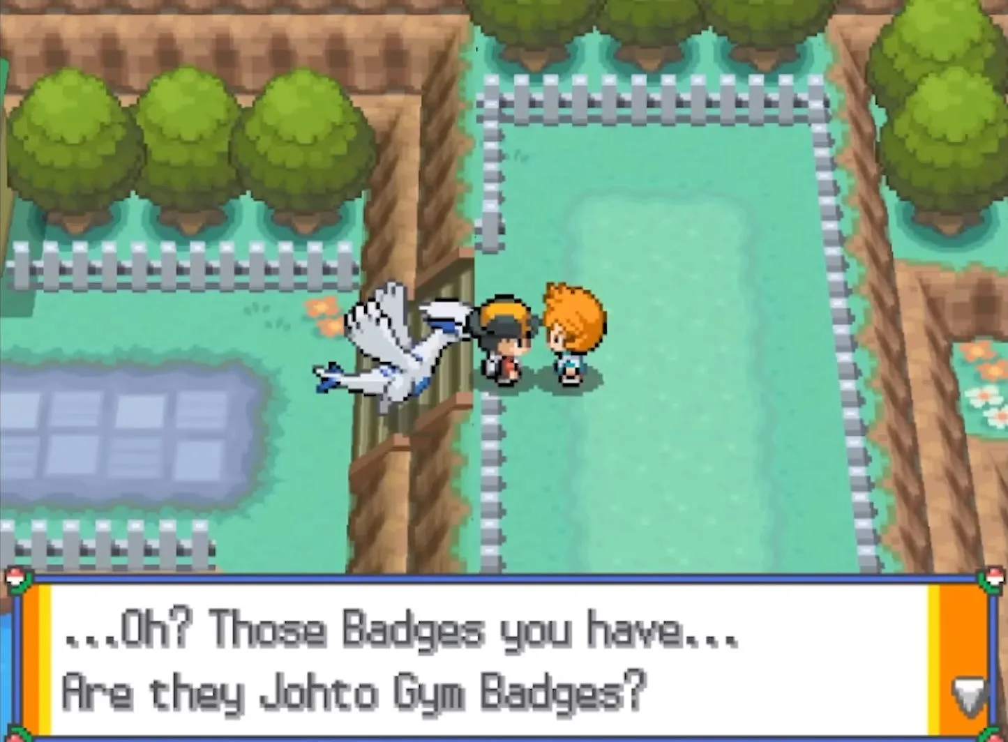 Cảnh một người chơi đang được hỏi chuyện bởi một nhân vật lạ trong ROM hack Pokémon Storm Silver, thể hiện sự tương tác trong game.
