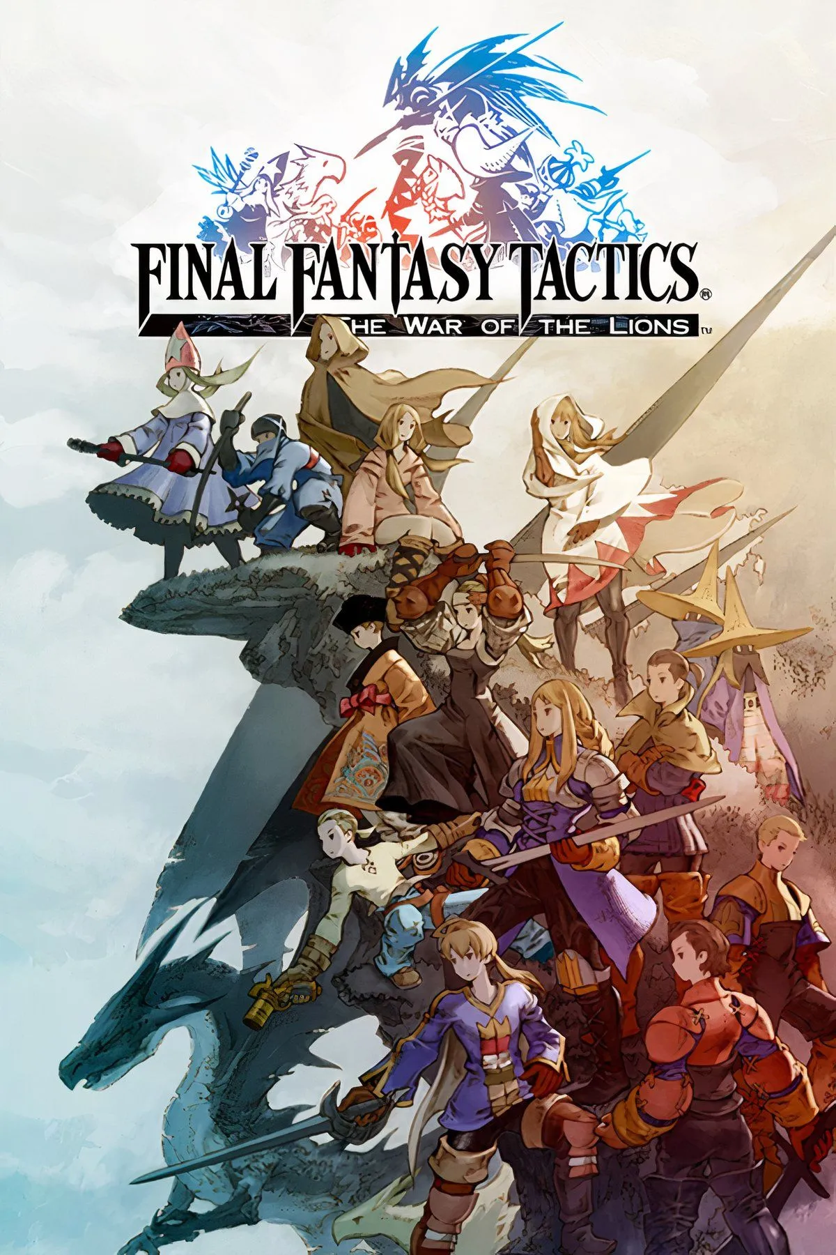 Cảnh phim cắt cảnh trong Final Fantasy Tactics: The War of the Lions, với đồ họa cải tiến và các nhân vật biểu tượng như Ramza Beoulve, tái hiện câu chuyện chiến tranh chính trị.
