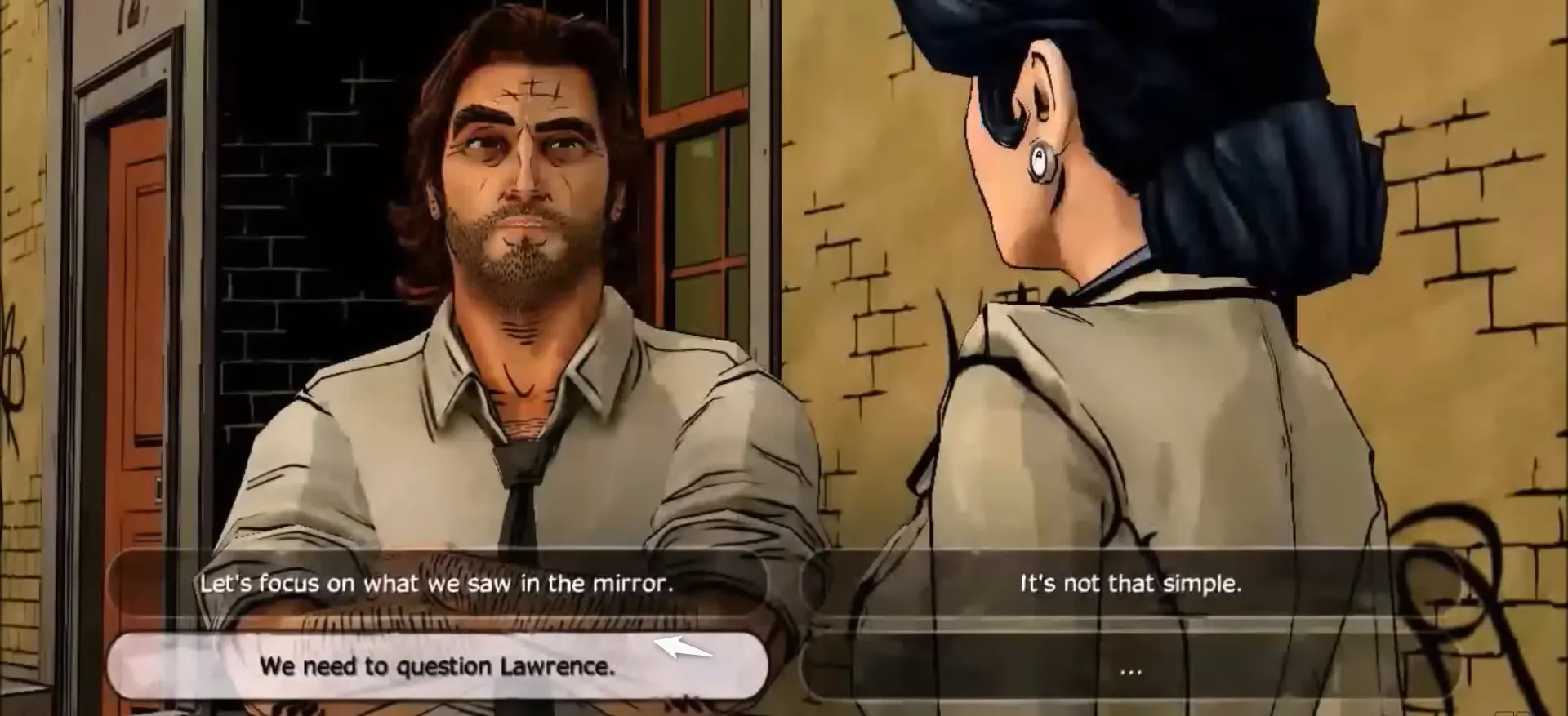 Cảnh quay game The Wolf Among Us, minh họa sự tương tác nhân vật và lựa chọn cốt truyện