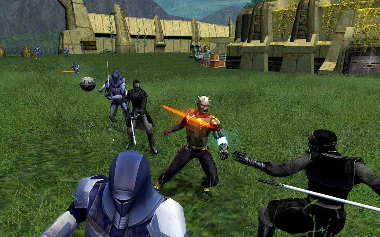 Cảnh trong game Knights of the Old Republic II với nhân vật chính và HK-47.