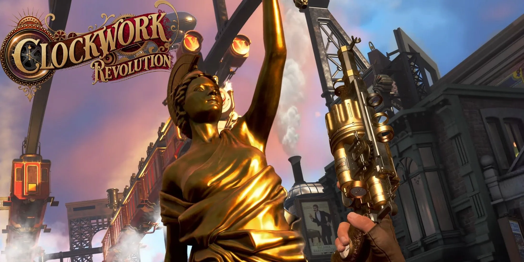 Cảnh tượng phá hủy môi trường và du hành thời gian trong game Clockwork Revolution, nhấn mạnh yếu tố hành động và phong cách độc đáo.