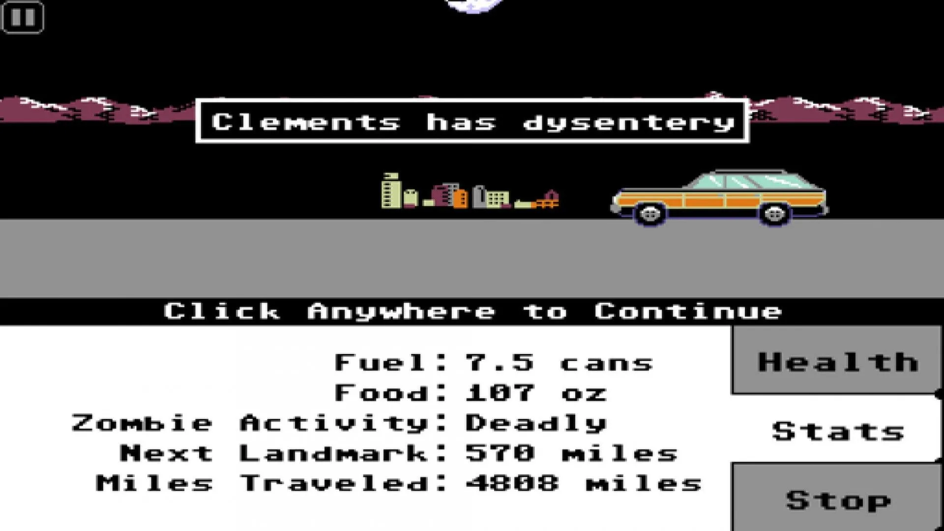 Cảnh xe của người chơi Organ Trail đang di chuyển trên bản đồ thế giới zombie, đồ họa pixel
