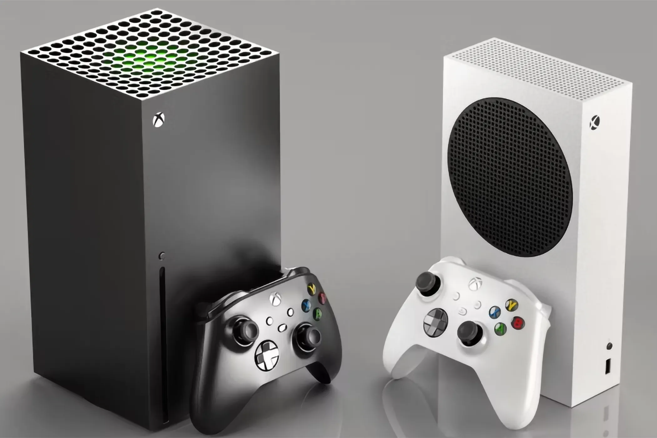 Cặp đôi console Xbox Series X và Xbox Series S đặt cạnh nhau, thể hiện sự khác biệt về kích thước và thiết kế