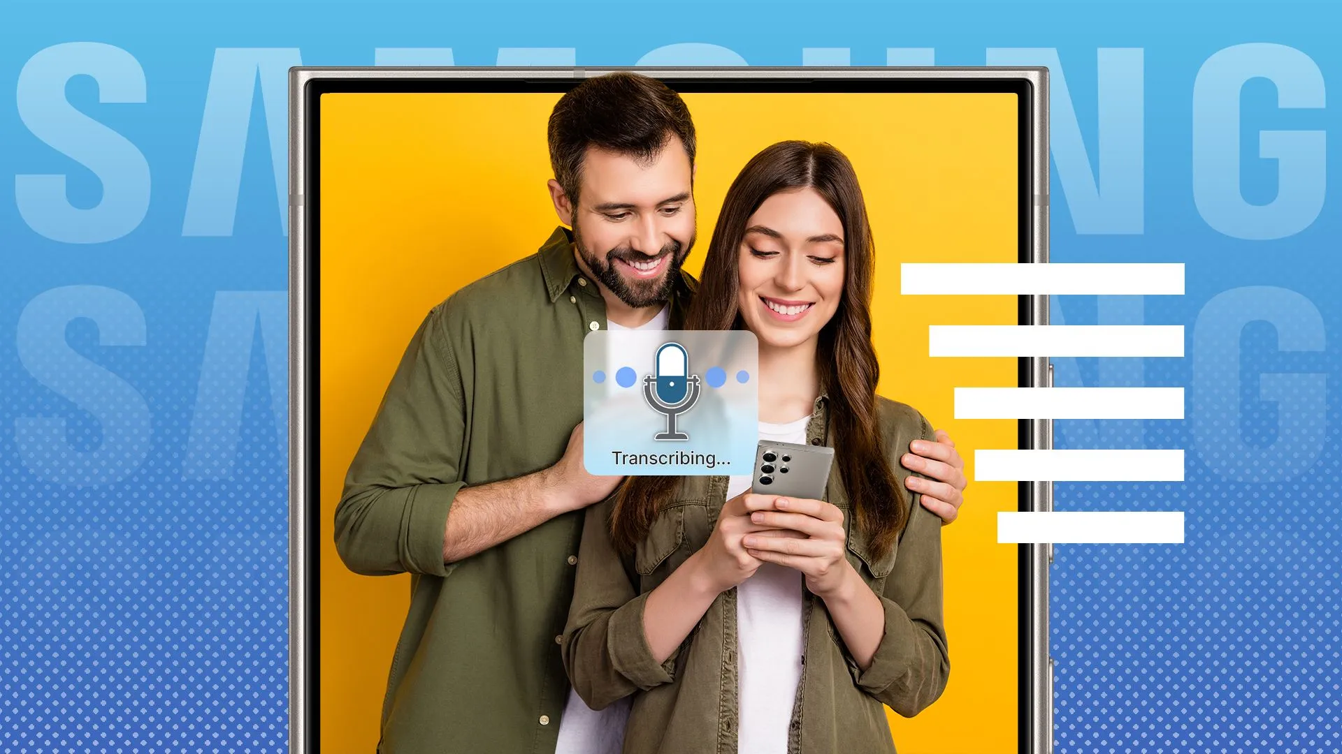 Cặp đôi đang sử dụng Live Transcribe trên Samsung Galaxy S24 Ultra để chuyển đổi giọng nói thành văn bản