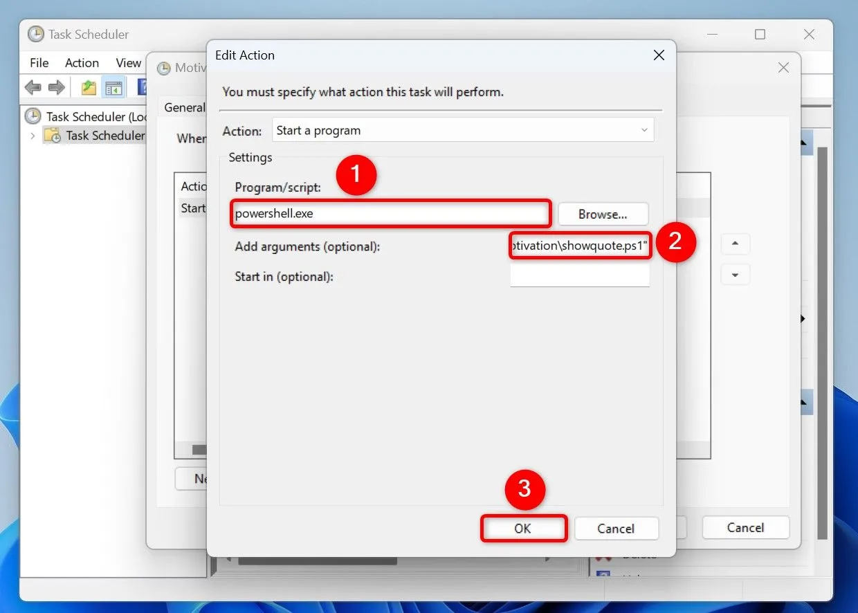 Cập nhật tác vụ Task Scheduler để chạy script PowerShell