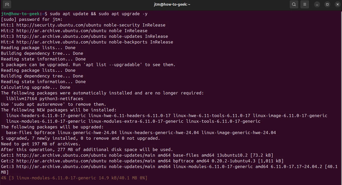 Cập nhật Ubuntu qua terminal với lệnh apt update và apt upgrade