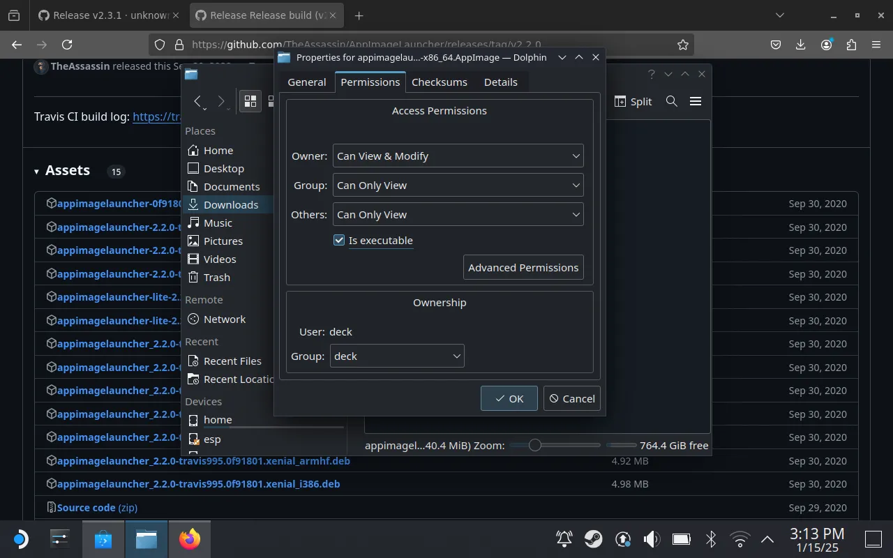 Cấp quyền thực thi cho file cài đặt AppImageLauncher trên Steam Deck