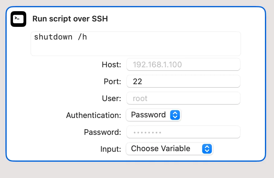 Cấu hình lệnh shutdown /h qua SSH trong ứng dụng Phím tắt để ngủ đông máy tính