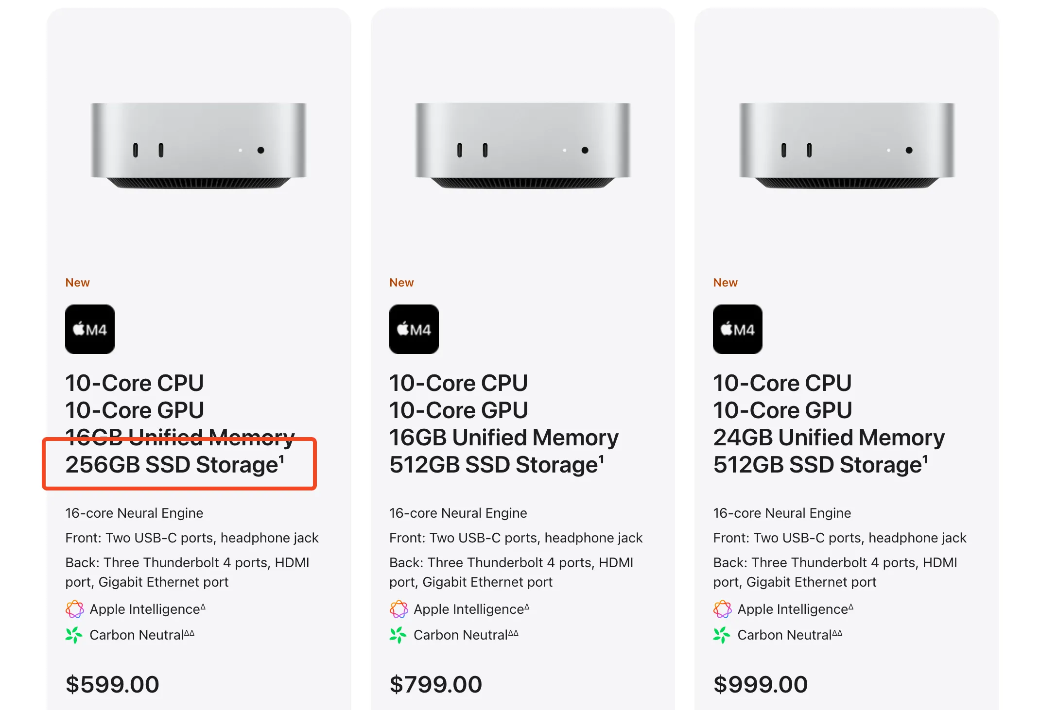 Cấu hình Mac mini cơ bản 256GB SSD trên trang Apple Store, minh họa mức dung lượng lưu trữ khởi điểm