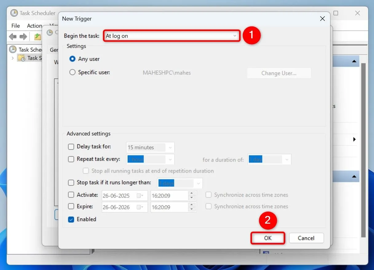 Cấu hình trigger &quot;Khi đăng nhập&quot; cho tác vụ hiển thị câu nói động lực trên Task Scheduler