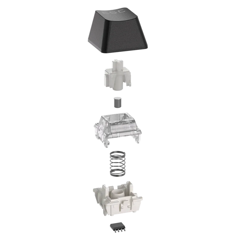 Cấu tạo chi tiết bên trong của một switch bàn phím Hall Effect, với nam châm tích hợp trong stem và cảm biến từ trường.