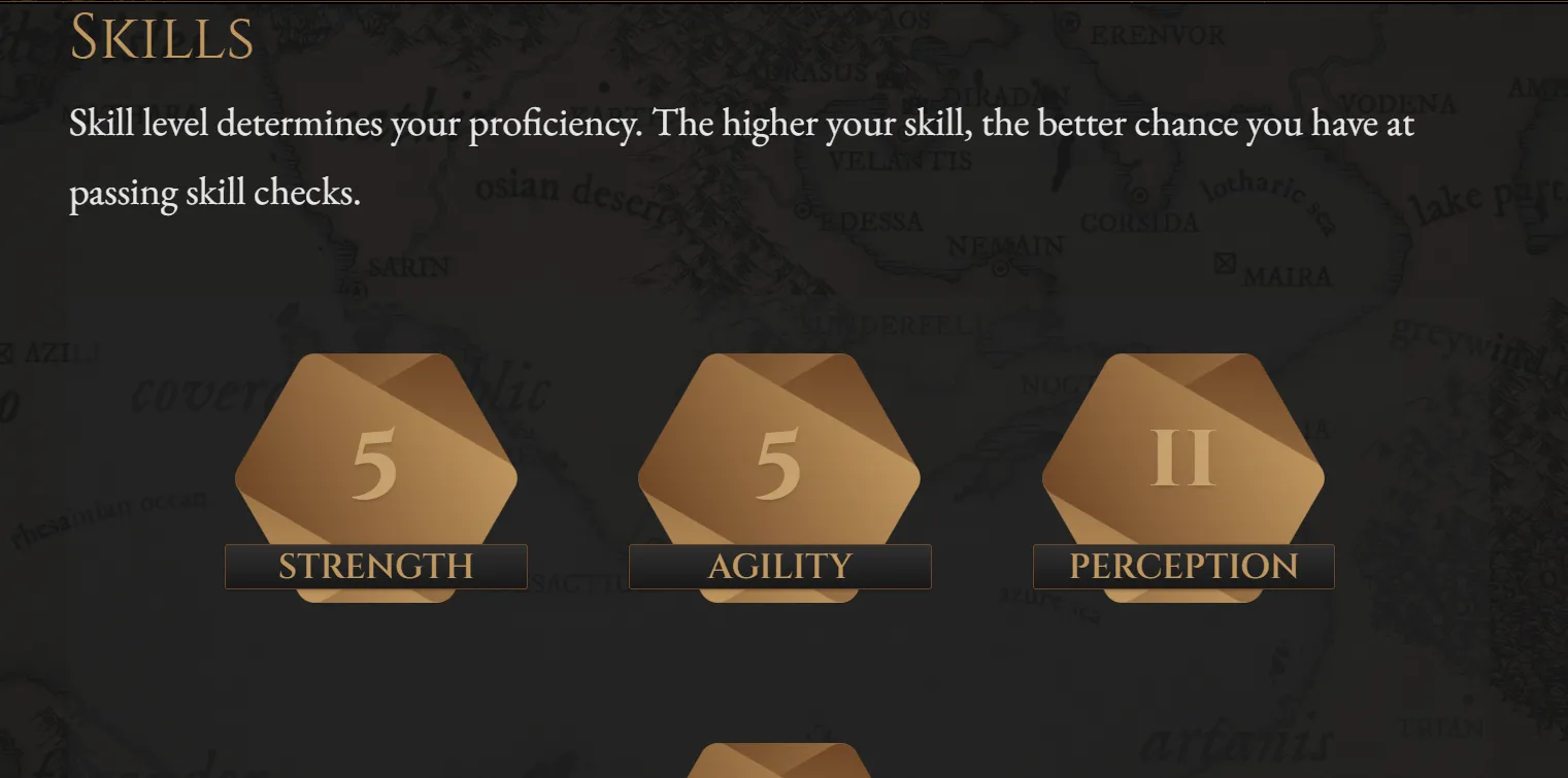 Cây kỹ năng nhân vật trong game tương tác Wayfarer, hiển thị điểm phân bổ cho các thuộc tính như nhận thức và thuyết phục