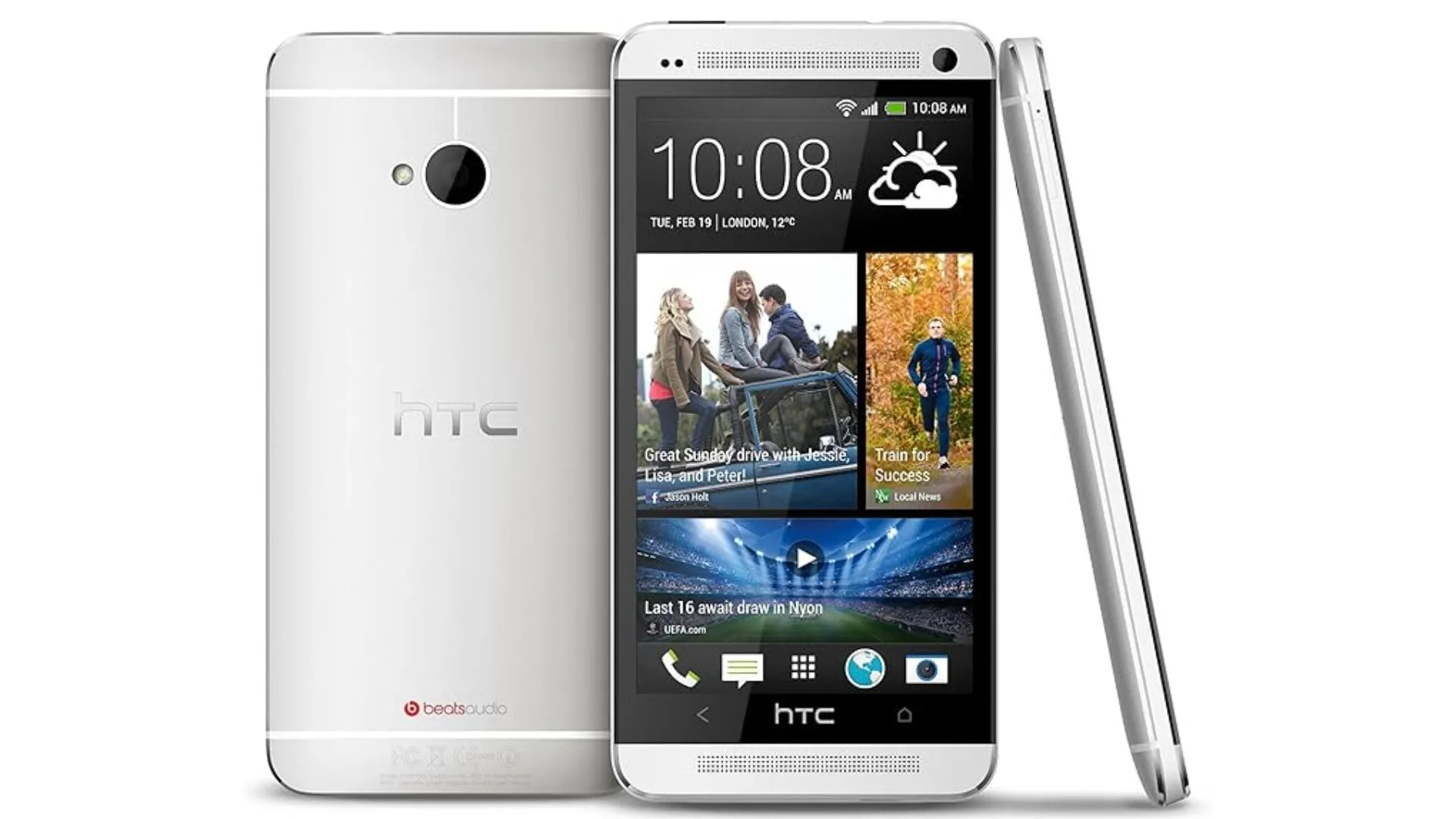 Chiếc điện thoại HTC One M7 màu bạc nổi bật với thiết kế kim loại và dải loa kép mặt trước BoomSound mạnh mẽ.