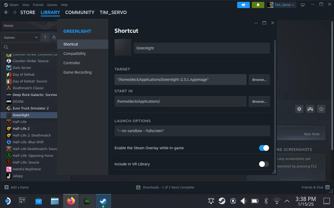 Chỉnh sửa thuộc tính của Greenlight trong Steam, bao gồm tên và tùy chọn khởi chạy