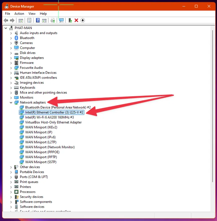 Chọn bộ điều hợp Ethernet của bạn trong Device Manager để cấu hình Wake-on-LAN