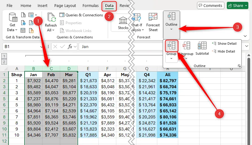 Chọn các cột B đến D trong Excel để tạo nhóm con quý 1, nhấn nút Group trên thẻ Data.