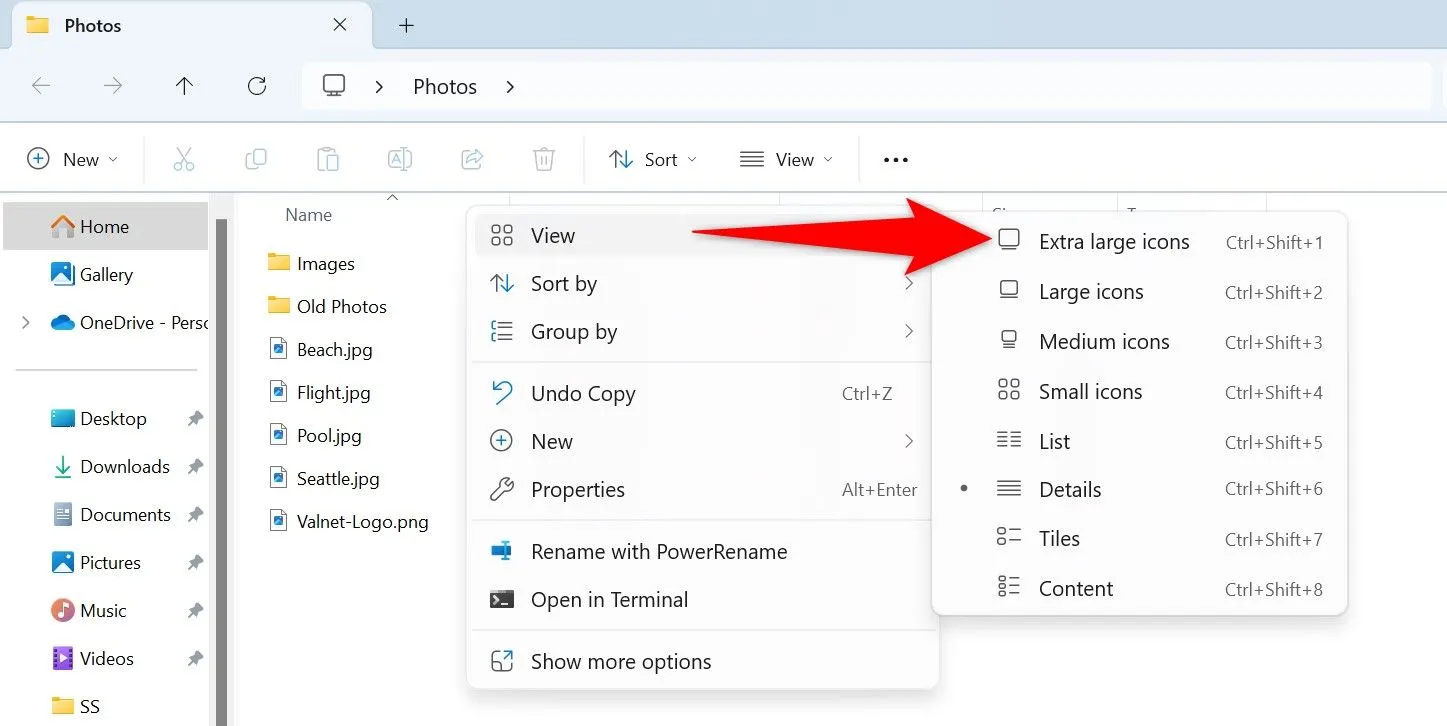 Chọn Extra Large Icons trong tùy chọn View của File Explorer