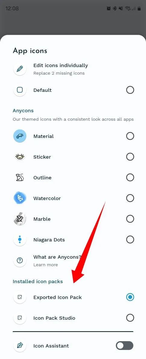 Chọn một gói biểu tượng tùy chỉnh trong Niagara Launcher.