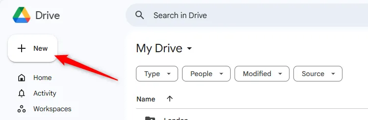 Chọn nút 'Mới' trong Google Drive để tải lên tệp hình ảnh.