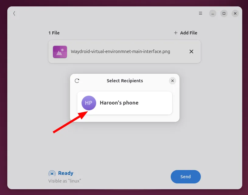 Chọn thiết bị Android mục tiêu để gửi file từ ứng dụng Packet trên Linux
