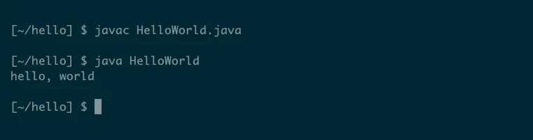 Chương trình Hello World trong Java được thực thi qua trình thông dịch, hiển thị kết quả trên terminal.