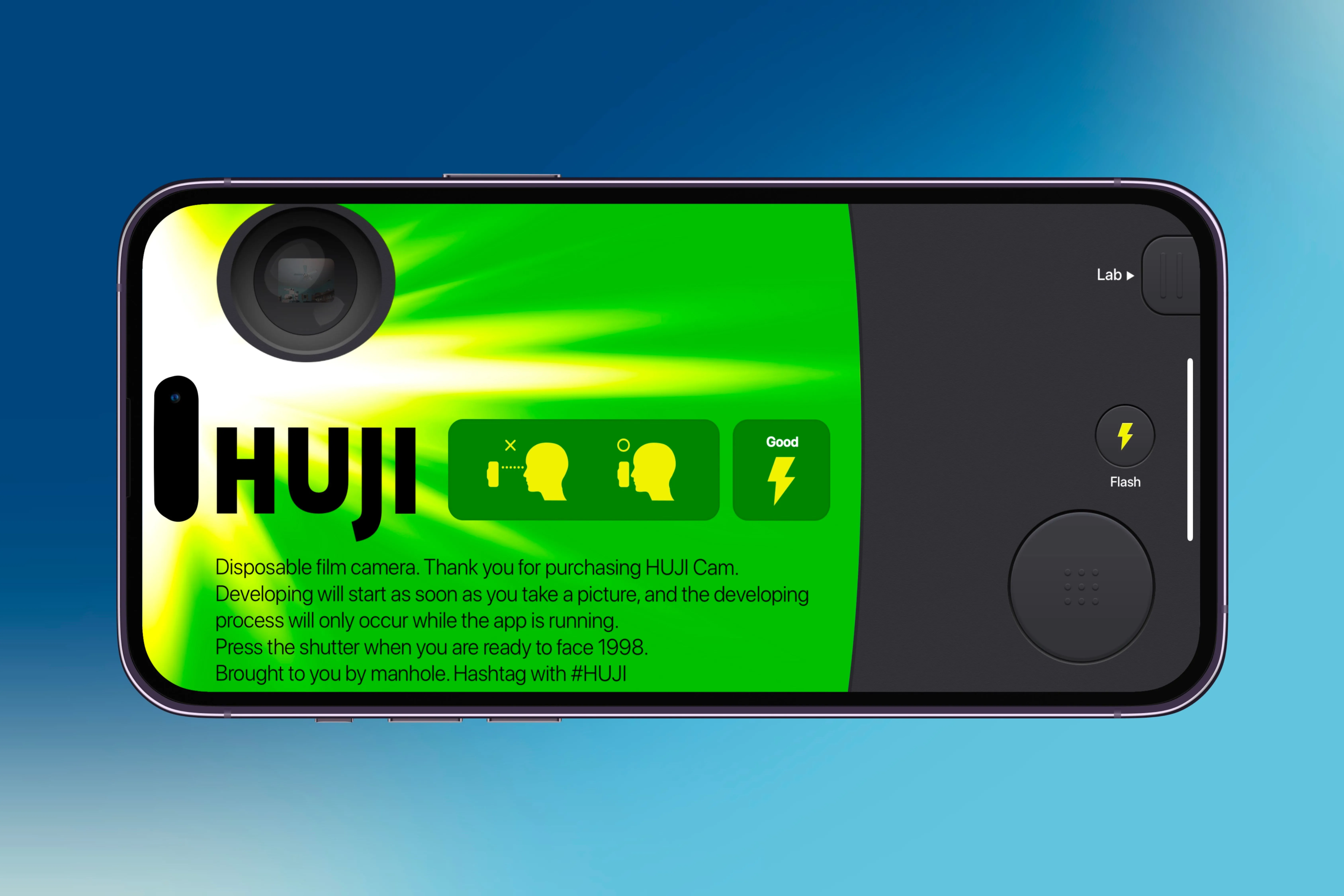 Chụp ảnh với HUJI Cam trên iPhone, bao gồm sử dụng flash và mở thư viện ảnh