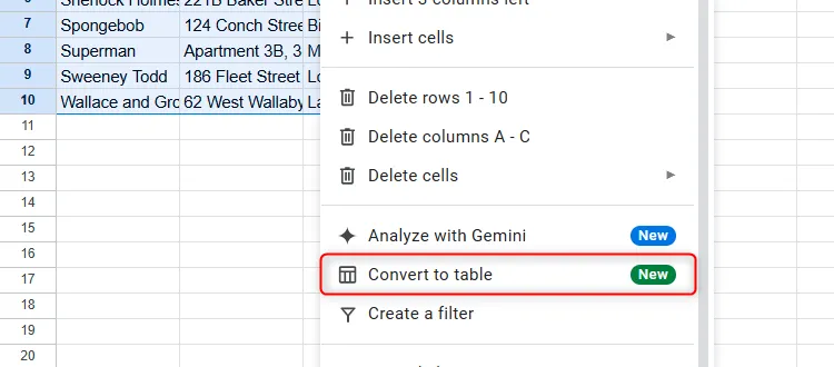Chuyển đổi vùng dữ liệu đã chọn thành bảng trong Google Sheets để dễ dàng quản lý và phân tích.