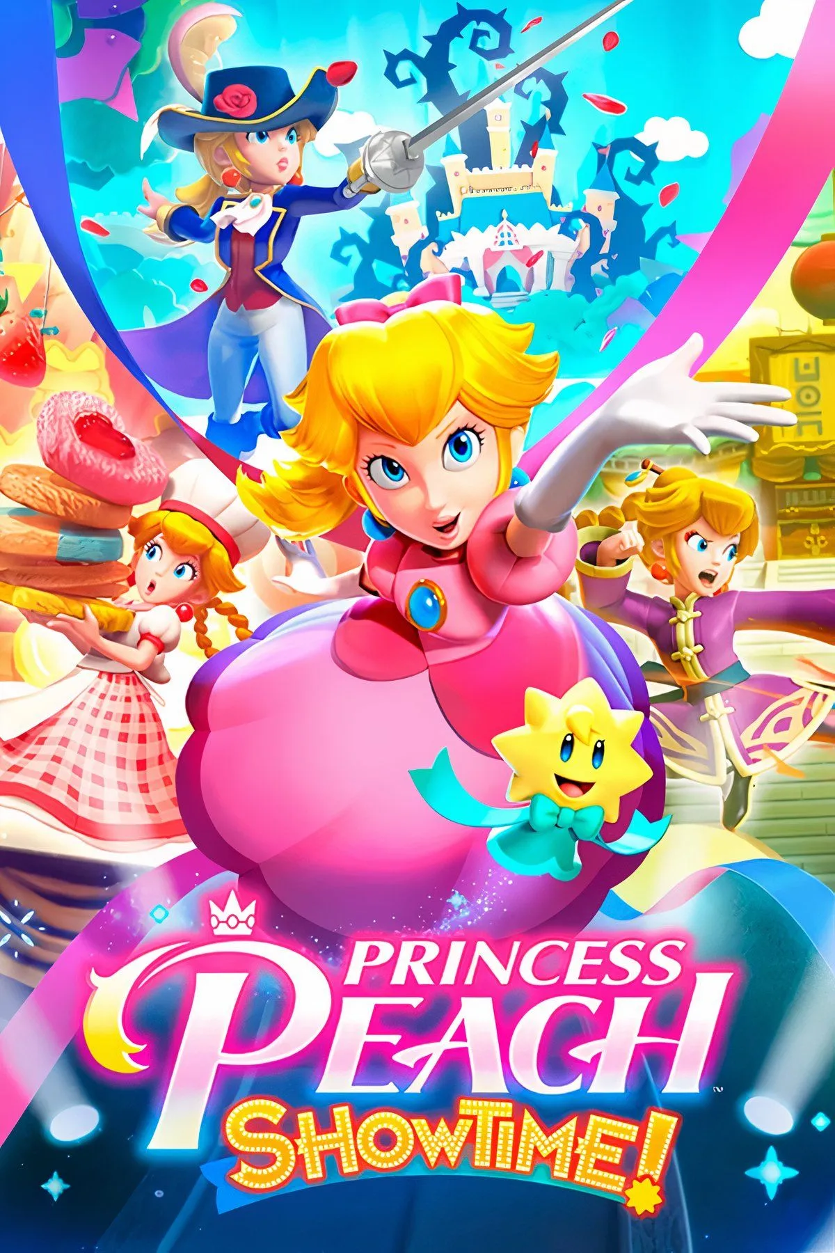 Công chúa Peach trong trang phục kiếm sĩ chiến đấu trên sân khấu kịch trong bản demo Princess Peach: Showtime! trên Nintendo Switch.