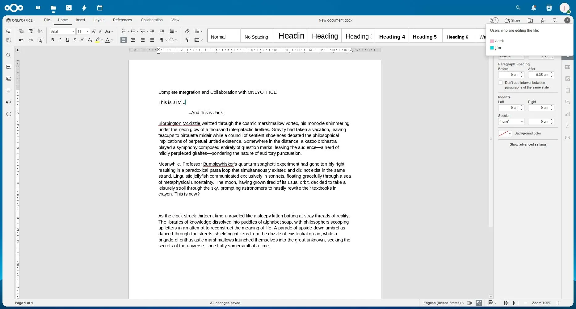 Cộng tác tài liệu trực tiếp trên Nextcloud thông qua ONLYOFFICE, thể hiện khả năng chỉnh sửa và chia sẻ văn bản.