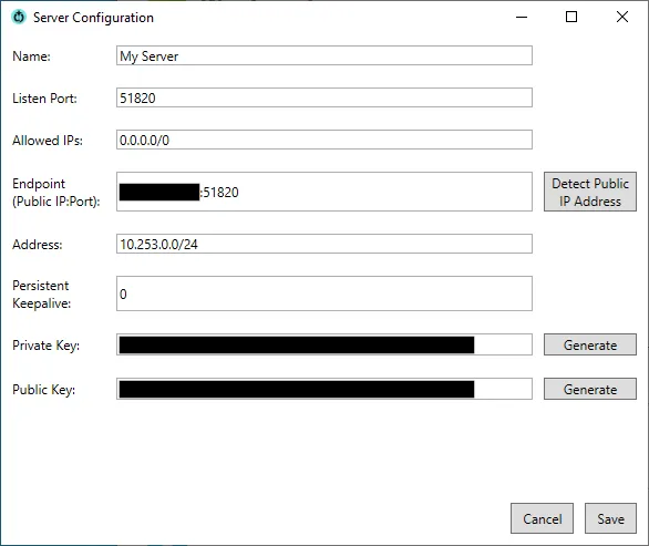 Cửa sổ cấu hình máy chủ (Server Settings) trong Wg Server for Windows, hiển thị các bước tạo khóa và phát hiện IP công cộng cho Wireguard VPN.