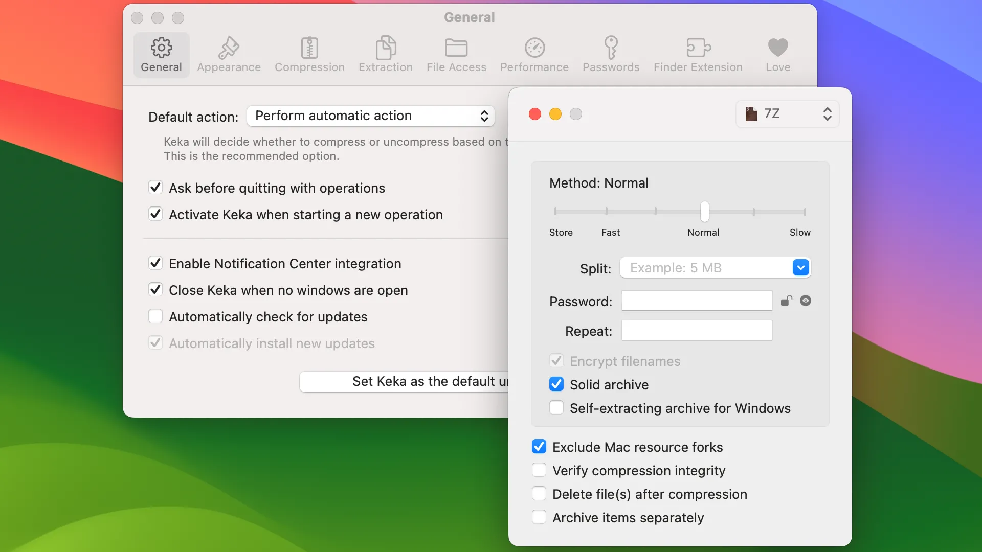 Cửa sổ chính của ứng dụng nén và giải nén Keka trên macOS, hiển thị các tùy chọn.