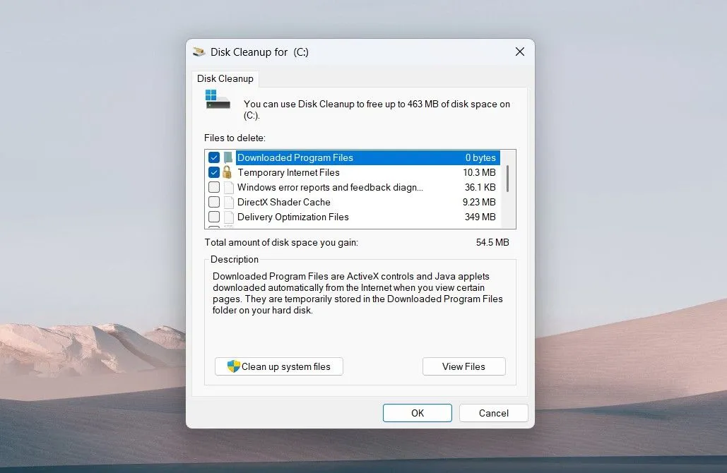Cửa sổ công cụ Disk Cleanup trên Windows 11, hiển thị các loại tệp tin rác có thể dọn dẹp để tăng tốc máy tính.