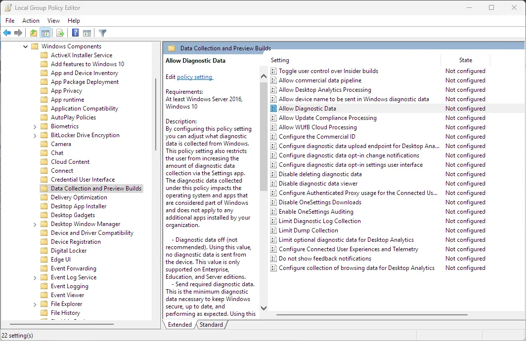 Cửa sổ Group Policy Editor trên Windows 11 hiển thị cài đặt cho phép thu thập dữ liệu chẩn đoán, minh họa việc theo dõi dữ liệu người dùng.