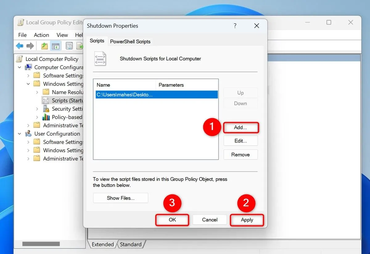 Cửa sổ Shutdown Properties trong Local Group Policy Editor, cho phép thêm script để chạy khi Windows 11 tắt máy (chỉ áp dụng cho Windows 11 Pro)