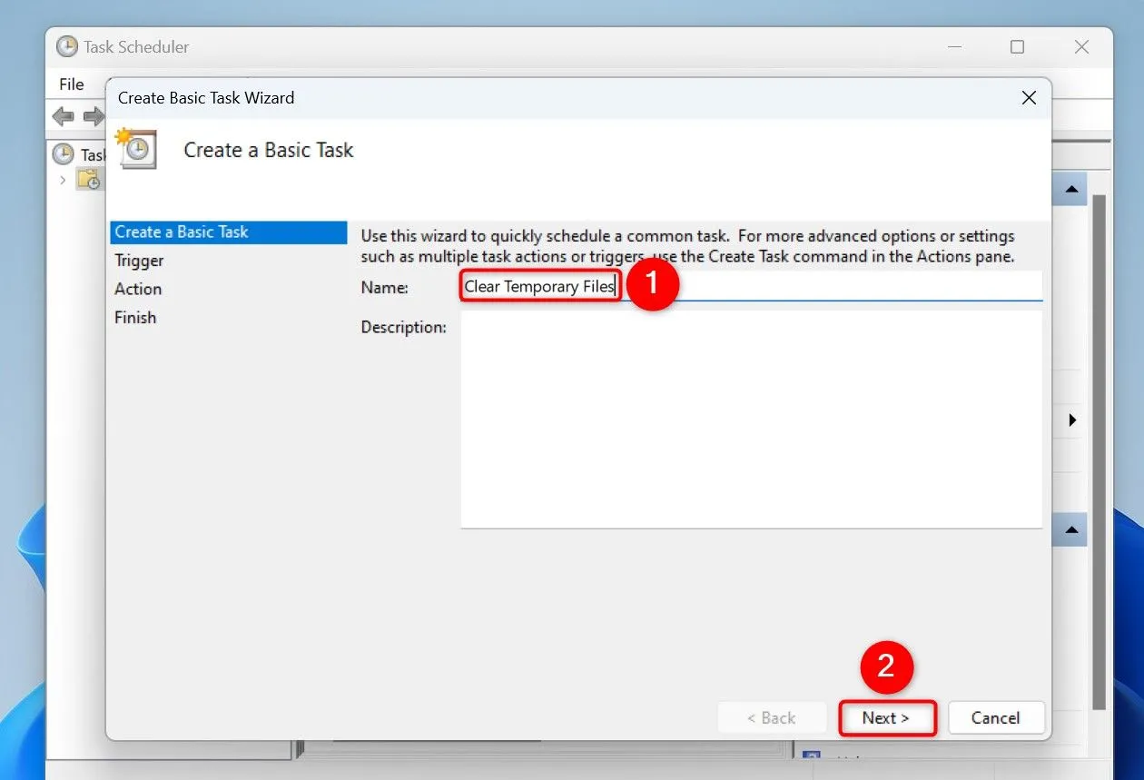 Cửa sổ Task Scheduler với tùy chọn &quot;Create Basic Task&quot; được chọn và trường tên tác vụ &quot;Clear Temporary Files&quot; đã được nhập