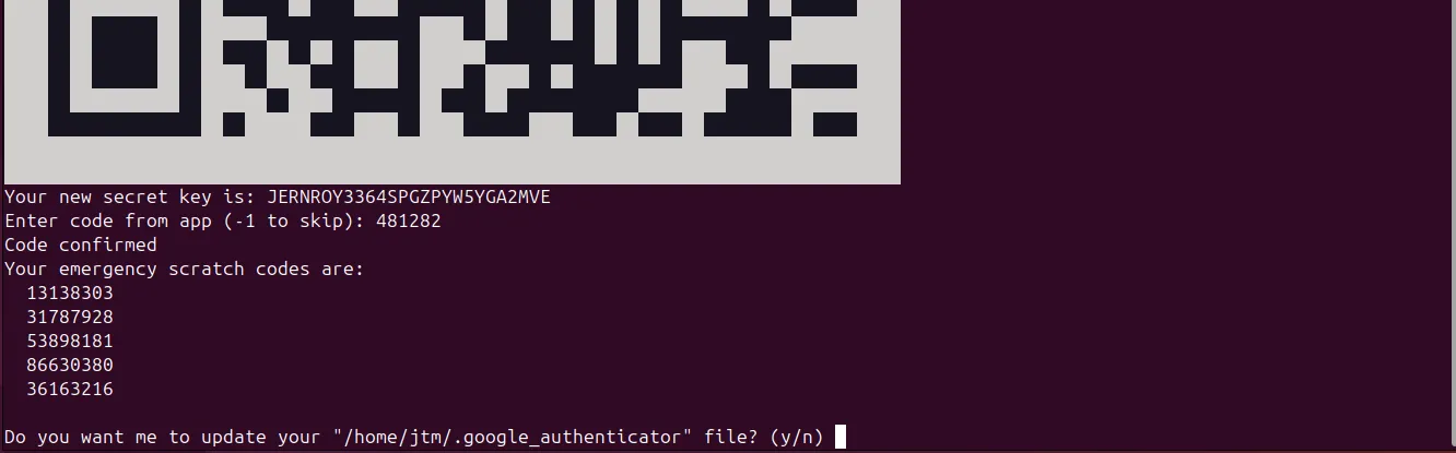 Cửa sổ Terminal hiển thị các mã dự phòng (scratch codes) khẩn cấp của Google Authenticator sau khi cấu hình.
