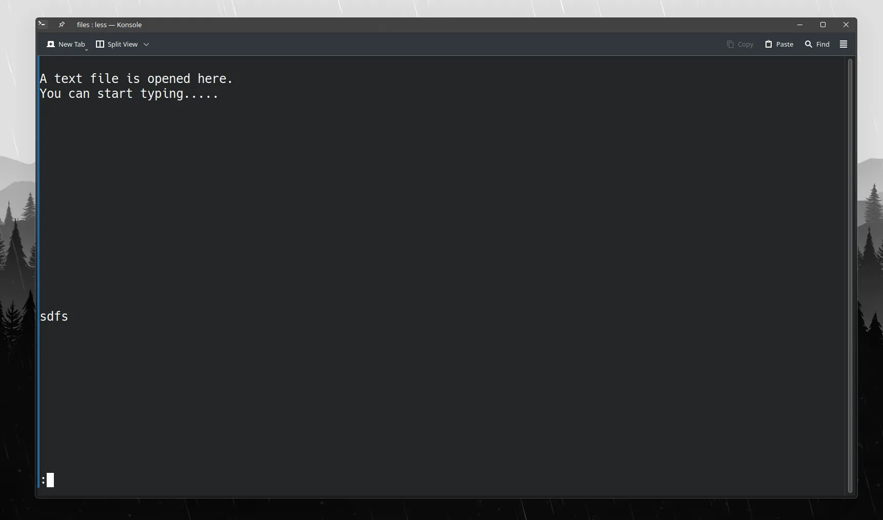 Cửa sổ terminal hiển thị nội dung tệp văn bản được mở bằng lệnh less trong Linux