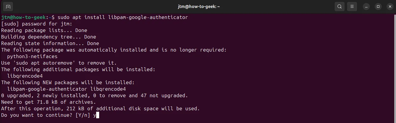 Cửa sổ Terminal trên Ubuntu hiển thị quá trình cài đặt gói Google Authenticator bằng lệnh apt.