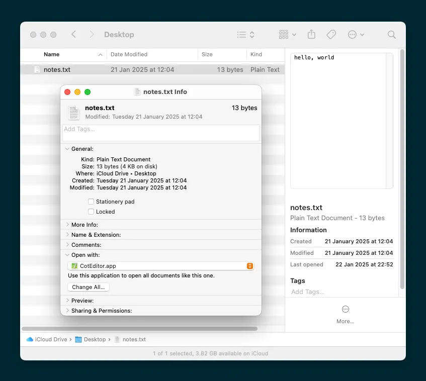 Cửa sổ thông tin file trong Finder, minh họa cách thiết lập CotEditor làm ứng dụng mặc định để mở loại tệp đã chọn.