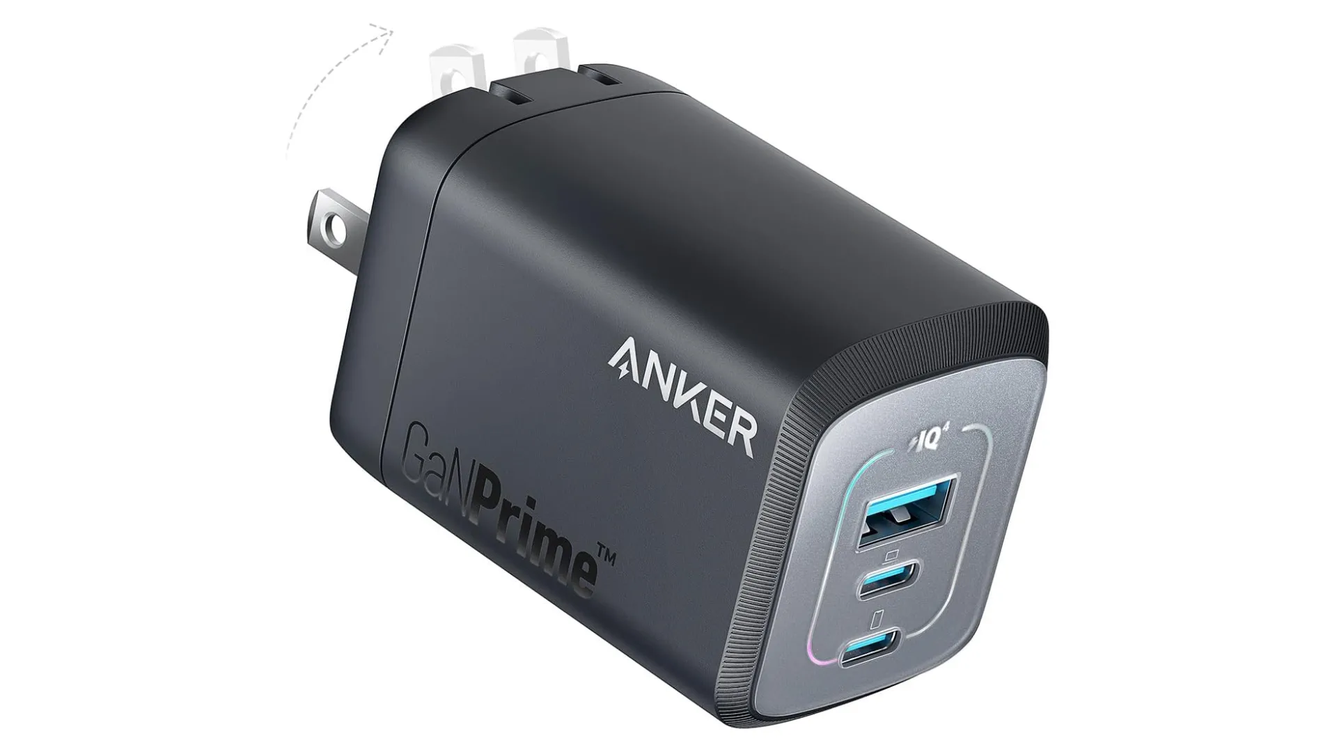 Cục sạc nhanh đa cổng Anker GaN với các cổng USB-C và USB-A, cho phép sạc nhiều thiết bị MacBook, iPhone cùng lúc.