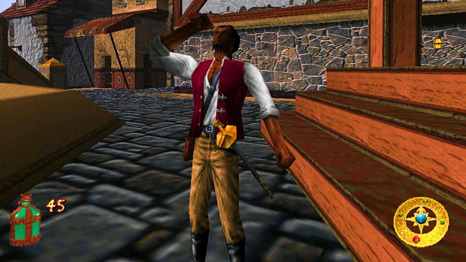 Cyrus uống một loại thuốc trong khung cảnh đường phố của The Elder Scrolls Adventures Redguard.