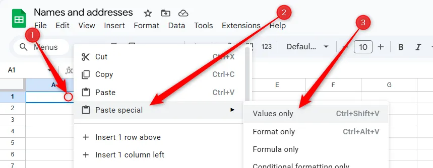 Dán dữ liệu vào Google Sheets bằng tùy chọn 'Dán đặc biệt' &gt; 'Chỉ giá trị' để loại bỏ định dạng thừa.