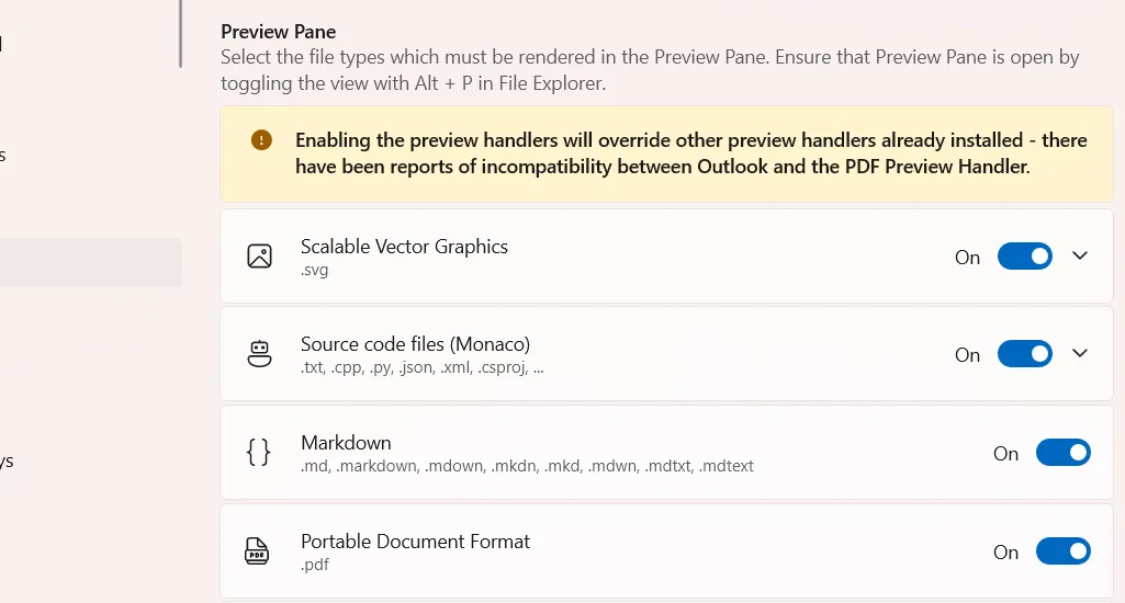 Danh sách các định dạng tệp được PowerToys hỗ trợ xem trước trong File Explorer